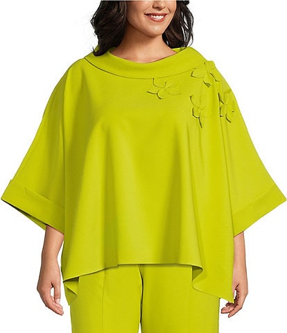 IC Collection Plus Knit Fold Funnel Neck Elbow Sleeve Floral Applique Tunic