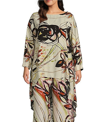 IC Collection Plus Size Coordinating Abstract Print Woven Boat Neck 3/4 Sleeve High-Low Hem Tunic