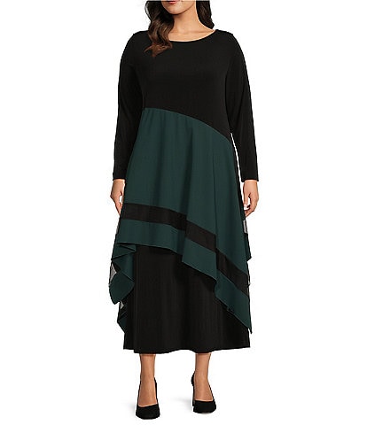 IC Collection Plus Size Apron ITY Knit Boat Neck Long Sleeve Asymmetrical Contrast Layered Pocketed A-Line Midi Dress