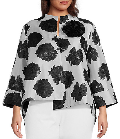 IC Collection Plus Size Black Rosette Printed High Round Collar Bracelet Length Sleeve Asymmetric One-Button Jacquard Jacket