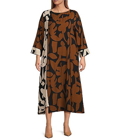 IC Collection Plus Size Color Block Geo Print Woven Crew Neck Bracelet Length Sleeve Pocketed Midi Shift Dress