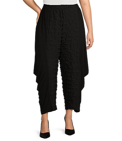 IC Collection Plus Size Double Textured Pucker ITY Knit Elastic Waisted Pocketed Side Drape Pull-On Cropped Pants