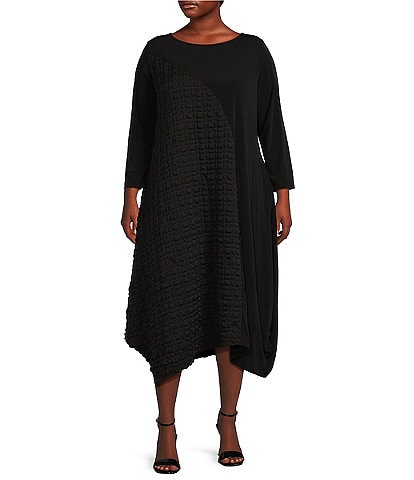 IC Collection Plus Size Double Textured Puckered Ity Knit Crew Neck 3/4 Sleeve A-Line Asymmetrical Hem Midi Dress