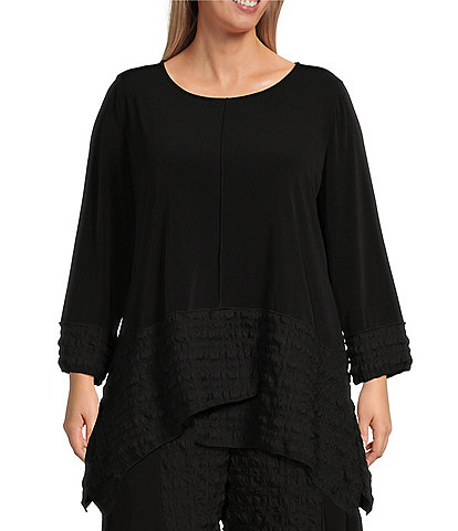 IC Collection Plus Size Double Textured Puckered Ity Knit Scoop Neck 3/4 Sleeve Asymmetrical Tunic