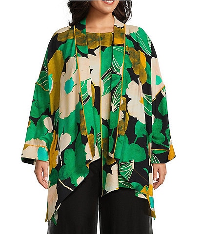 IC Collection Plus Size Floral Print Woven 3/4 Sleeve Open Front Kimono Jacket