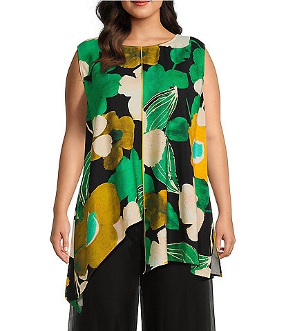 IC Collection Plus Size Floral Print Woven Scoop Neck Sleeveless Asymmetrical High-Low Hem Tank Top