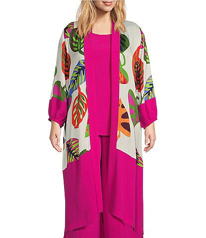 IC Collection Plus Size Leaf Print Long Sleeve Duster Statement Jacket
