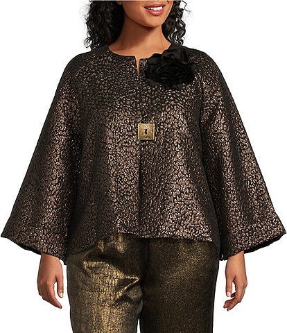 IC Collection Plus Size Metallic Texture Leopard High Round Neck One Button Jacket