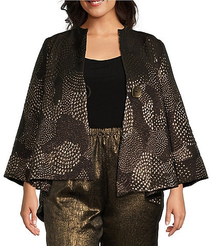 IC Collection Plus Size Mix Metallic Textured Printed Mock Neck Bracelet Sleeve Asymmetric Hem One Button-Front Jacket