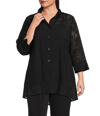 IC Collection Plus Size Rose Pattern Wire Ruffle Neck 3/4 Sleeve Button-Front Jacket