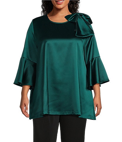 IC Collection Plus Size Satin Crew Neck 3/4 Ruffled Sleeve Bow Shoulder Detail Pocketed A-Line Tunic