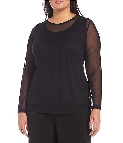 IC Collection Plus Size Sheer Knit Mesh Crew Neck Long Sleeve Top