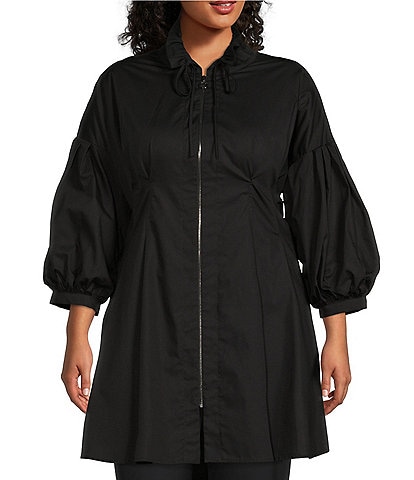 IC Collection Plus Size Shirred Stand Collar 3/4 Lantern Sleeve Waist Pleat Zip Front High-Low Tunic