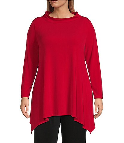 IC Collection Plus Size Solid Stretch Knit Jersey Funnel Neck Long Sleeve Side Draped Hem A-Line Tunic