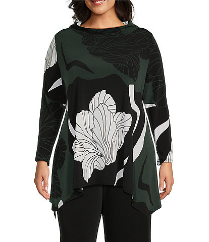 IC Collection Plus Size Stretch Knit Jersey Floral Funnel Neck Long Sleeve Side Draped Hem A-Line Tunic