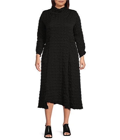 IC Collection Plus Size Textured Bubble Check Pucker Woven Mock Neck 3/4 Sleeve Asymmetrical Hem Pocketed Sheath Midi Dress