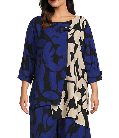 IC Collection Plus Size Woven Color Block Print Scoop Neck 3/4 Sleeve Asymmetrical Coordinating Tunic