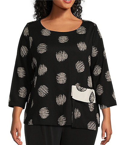 IC Collection Plus Size Woven Dotted Mixed Print Crew Neck 3/4 Sleeve Top