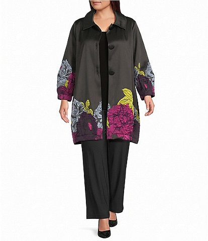 IC Collection Plus Size Woven Floral Placement Print Spread Collar Bracelet Sleeve Button-Front Bubble Jacket
