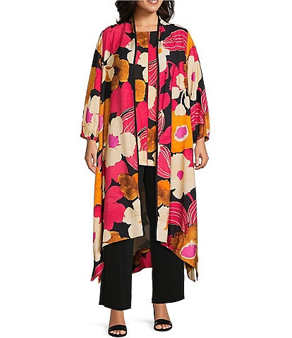 IC Collection Plus Size Woven Floral Print Long Sleeve Open Front Kimono