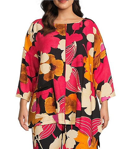 IC Collection Plus Size Woven Floral Print Round Neck 3/4 Sleeve Asymmetric Hem Tunic