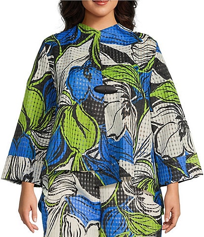 IC Collection Plus Size Woven Mesh Abstract Floral Print High Neck Long Sleeve Asymmetric Coordinating One Button-Front Jacket
