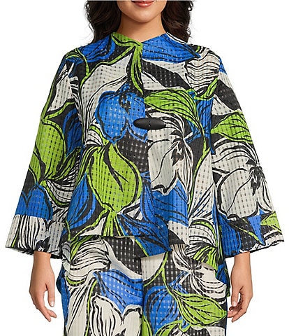 IC Collection Plus Size Woven Mesh Abstract Floral Print High Neck Long Sleeve Asymmetric Coordinating One Button-Front Jacket