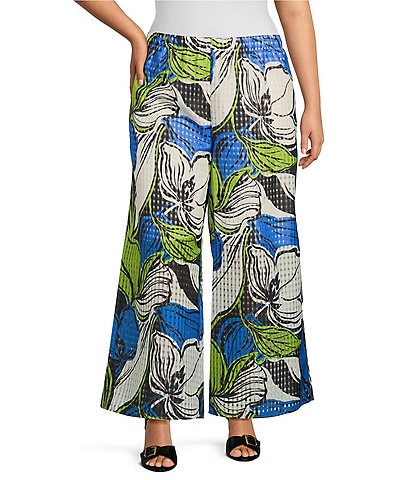 IC Collection Plus Size Woven Mesh Abstract Print Straight Wide-Leg Pull-On Pants