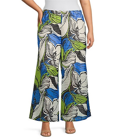 IC Collection Plus Size Woven Mesh Abstract Print Straight Wide-Leg Pull-On Pants