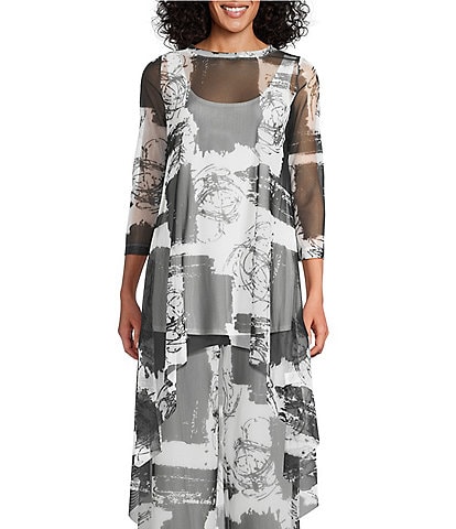 IC Collection Printed Mesh Boat Neck 3/4 Sleeve High Low Coordinating Top
