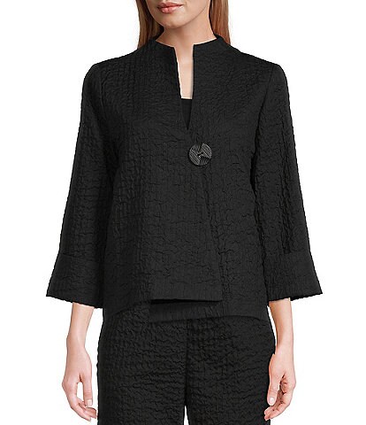 IC Collection Pucker Textured Woven Asymmetrical One Button Mock Neck 3/4 Cuff Sleeve Statement Jacket