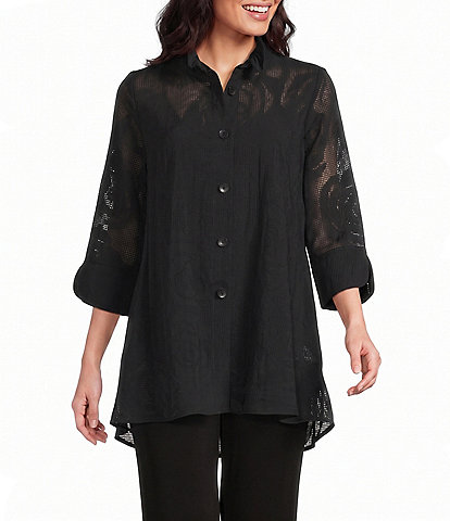 IC Collection Rose Pattern Wire Ruffle Neck 3/4 Sleeve Button-Front Jacket