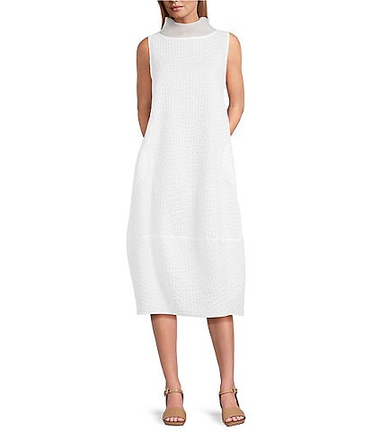 IC Collection Sleeveless Sheer Organza Funnel Neck Balloon Waistless Midi Dress