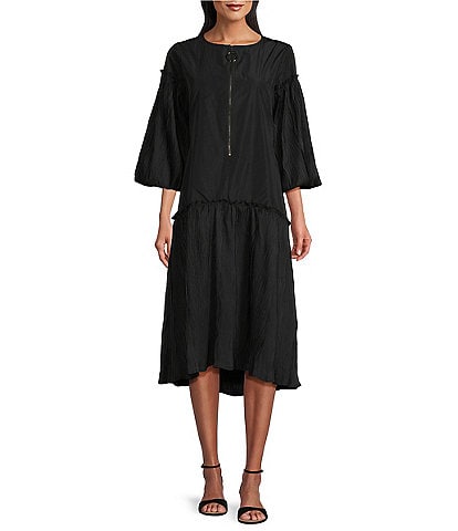 IC Collection Solid Woven Crinkle Textured Round Neck 3/4 Lantern Sleeves Mini Shift Dress