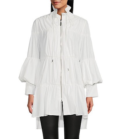 IC Collection Stand Collar Long Blouson Sleeve Shirring Tiered High-Low Zip Front Jacket