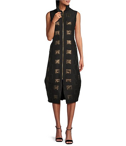 IC Collection Stretch Woven Metallic Gold Geo Pattern Ruffled Stand Neck Sleeveless Pocketed A-Line Midi Dress