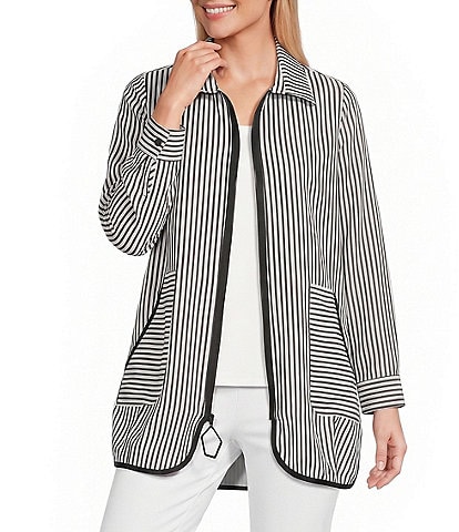IC Collection Stripe Poplin Point Collar Long Sleeve Zip Front Jacket