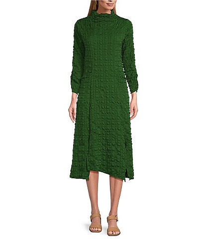 IC Collection Textured Bubble Check Pucker Woven Mock Neck 3/4 Sleeve Asymmetrical Hem Midi A-Line Dress