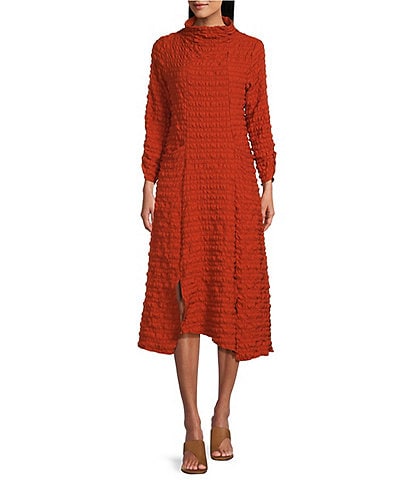 IC Collection Textured Bubble Check Pucker Woven Mock Neck 3/4 Sleeve Asymmetrical Hem Midi A-Line Dress