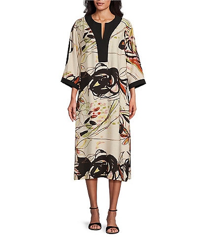 IC Collection Woven Abstract Print Open Henley Neck 3/4 Sleeve Shift Dress