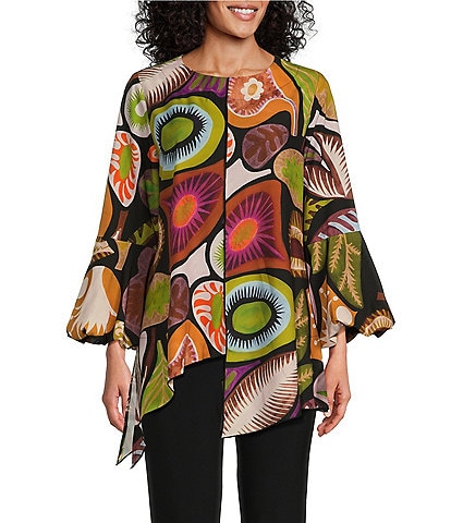 IC Collection Woven Abstract Print Round Neck Long Puff Sleeve High-Low Hem Tunic