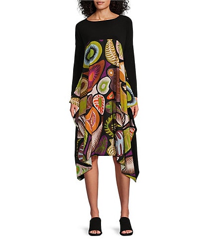 IC Collection Woven Abstract Print Scoop Neck Long Sleeve Contrast Sheath Dress