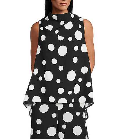 IC Collection Woven Dot Print Cowl Neck Sleeveless High-Low Coordinating Tank Top