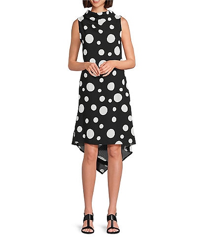 IC Collection Woven Dot Print Mock Cowl Neck Sleeveless Asymmetrical Tunic Dress