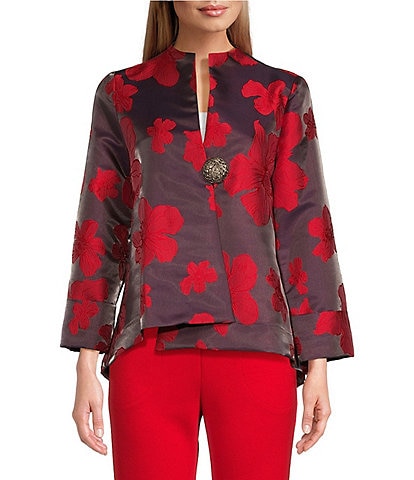 IC Collection Woven Floral Mock Neck Bracelet Sleeve Asymmetrical Hem One Button-Front Jacket