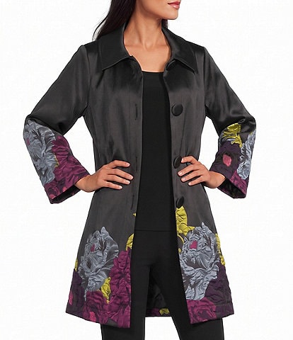 IC Collection Woven Floral Placement Print Spread Collar Bracelet Sleeve Button-Front Bubble Jacket