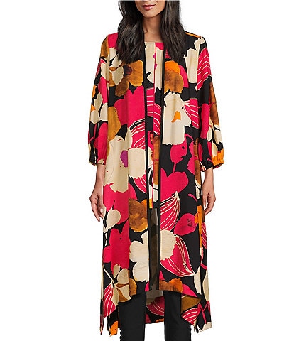 IC Collection Woven Floral Print 3/4 Sleeves Open Front Kimono