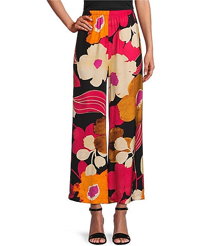IC Collection Woven Floral Print Elastic Waist Side Pocket Wide Leg Pants