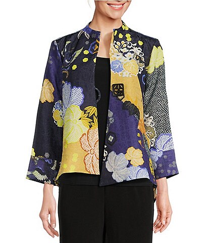 IC Collection Woven Floral Print Stand Collar 3/4 Sleeve Asymmetrical Hem One Button Front Statement Jacket