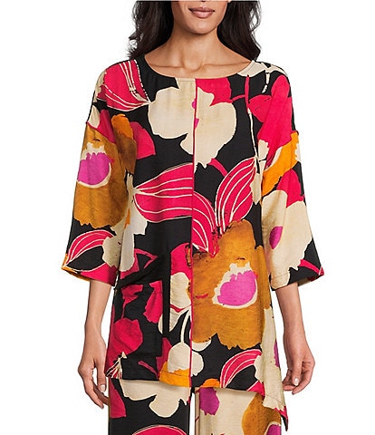 IC Collection Woven Floral Print Round Neck 3/4 Sleeve Asymmetric Hem Tunic